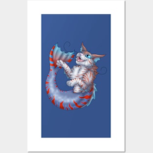 Purrmaid: Red on Blue Tabby Posters and Art